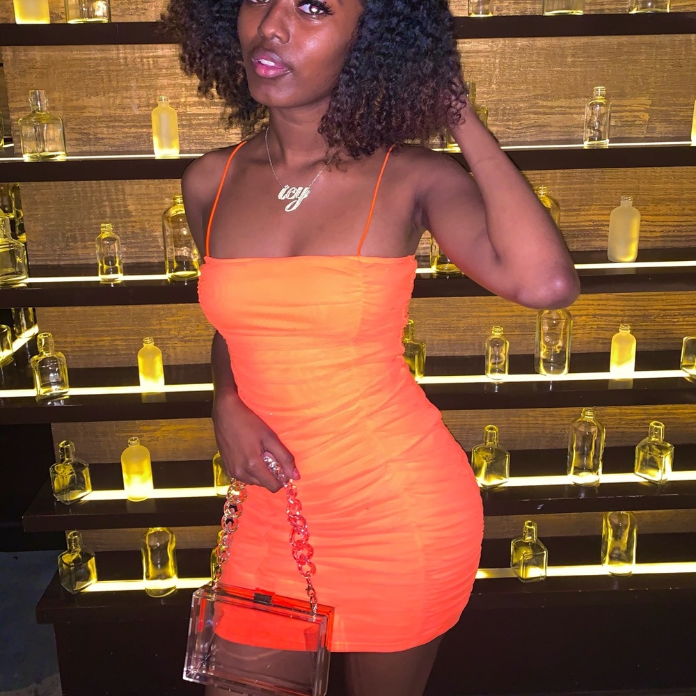 Ruched orange mini dress